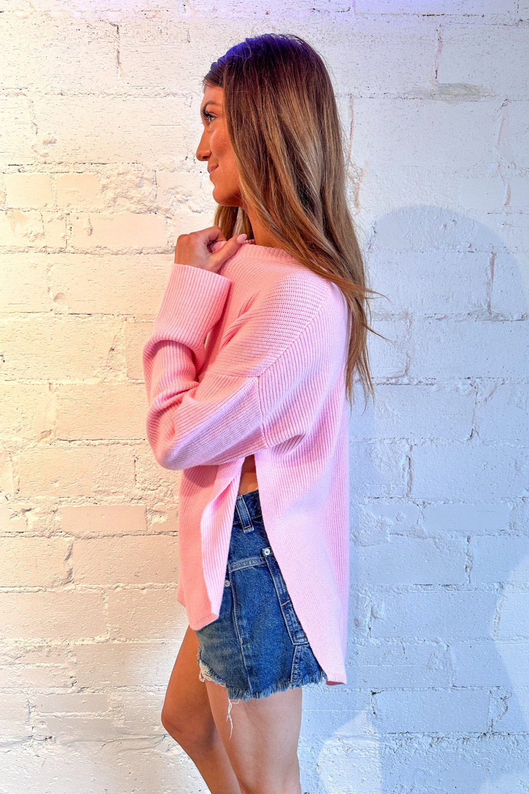 Baby Pink Side Slit Sweater, Sweater, Adeline Boutique, Boutique Clothing, Pink Sweater 