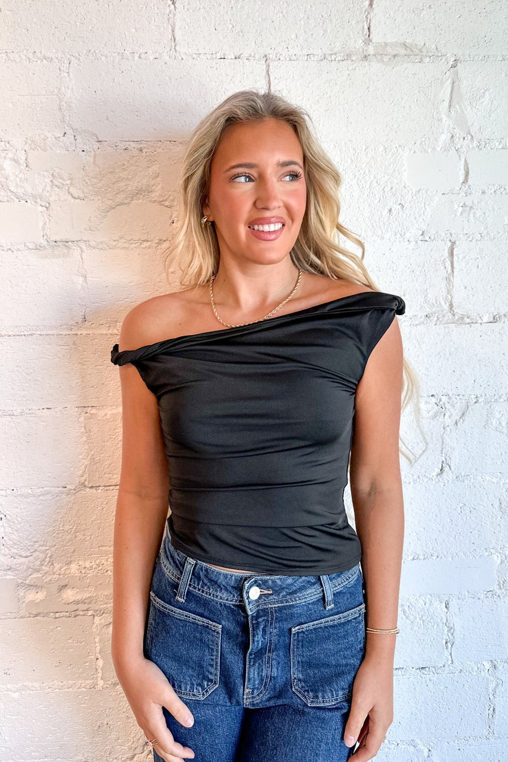 Black Twisted Fitted Tank, Tank Top, Off The Shoulder Top, Going Out Top, Dallas Boutique 