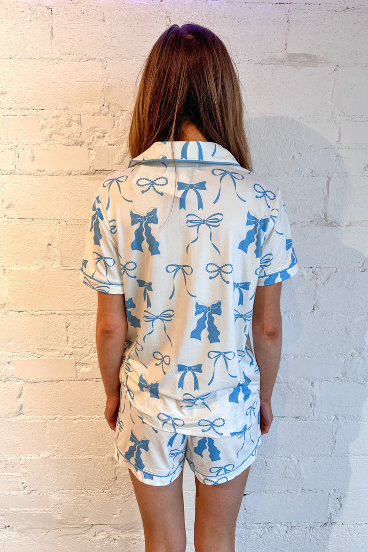 Blue Bow Pajama Top, Pajamas, PJs, Adeline Boutique, Dallas Boutique, Lounge Set