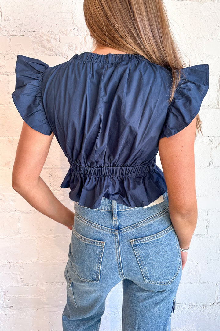 Blue bow front top, bow top, gameday top, womens boutique dallas, dallas boutique 