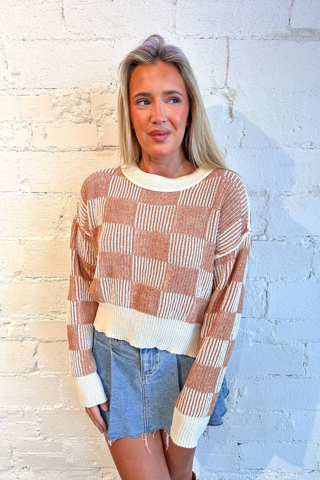 Cream/Caramel Checkmate Sweater, Plaid Sweater, Sweaters, Sweater Weather, Fall Sweaters, Fall Fashion, Fall Fashion 2024, Dallas Boutiques, Adeline Boutique 