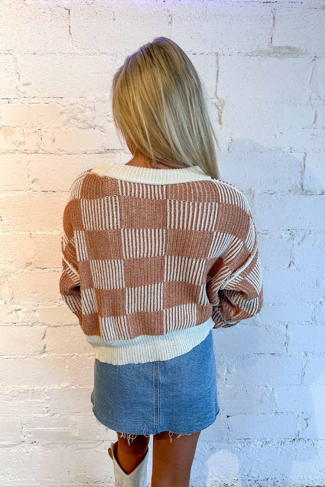 Cream/Caramel Checkmate Sweater, Plaid Sweater, Sweaters, Sweater Weather, Fall Sweaters, Fall Fashion, Fall Fashion 2024, Dallas Boutiques, Adeline Boutique 