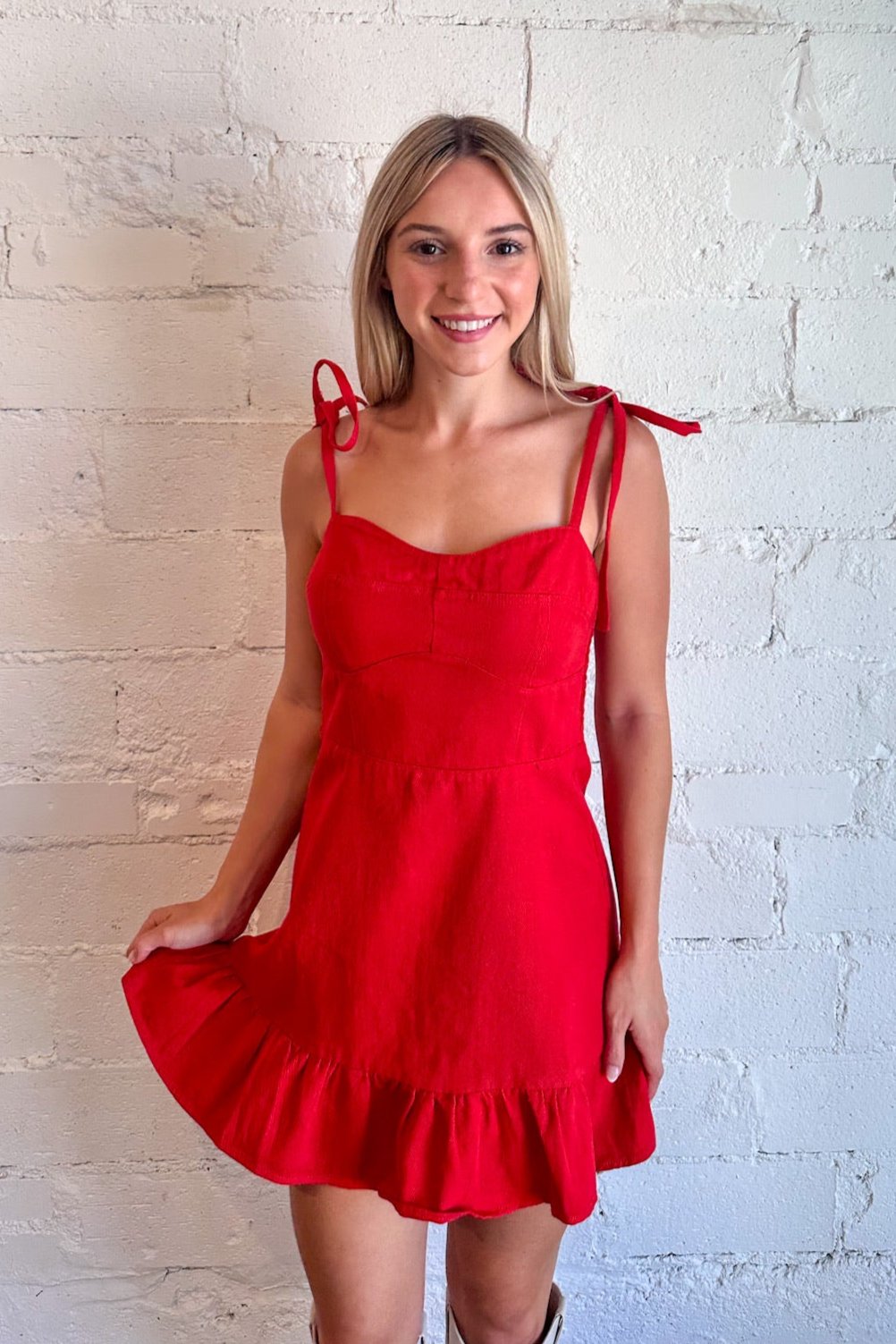 Denim Ruffle Hem Dress Red , gameday, gameday dress, dallas boutique, womens boutique dallas 