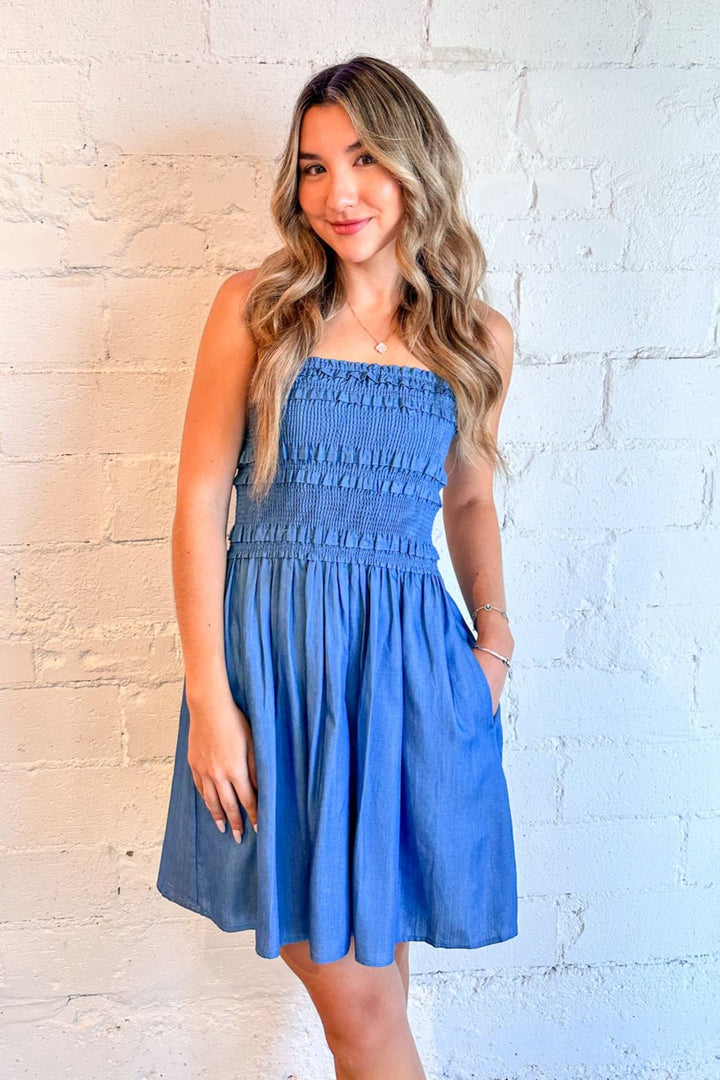 denim smocked dress, bohemian dress, casual dress, women's clothing, outfit ideas