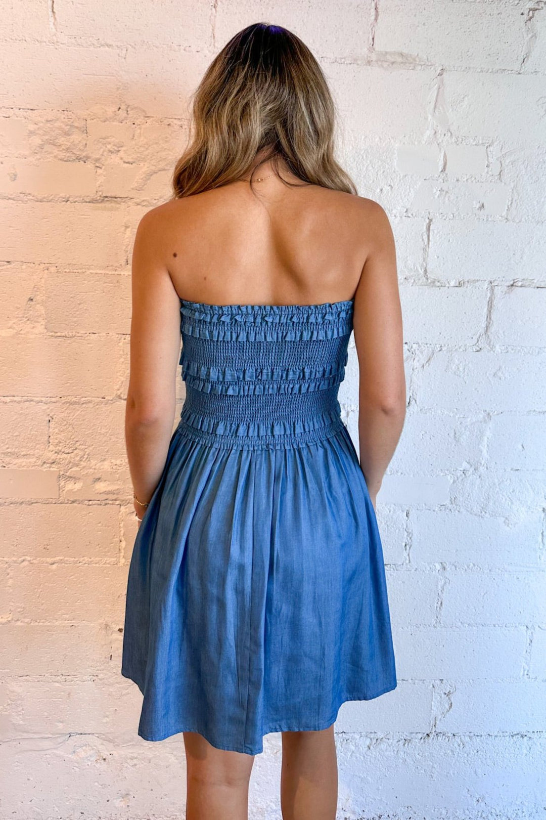 denim smocked dress, bohemian dress, casual dress, women's clothing, outfit ideas