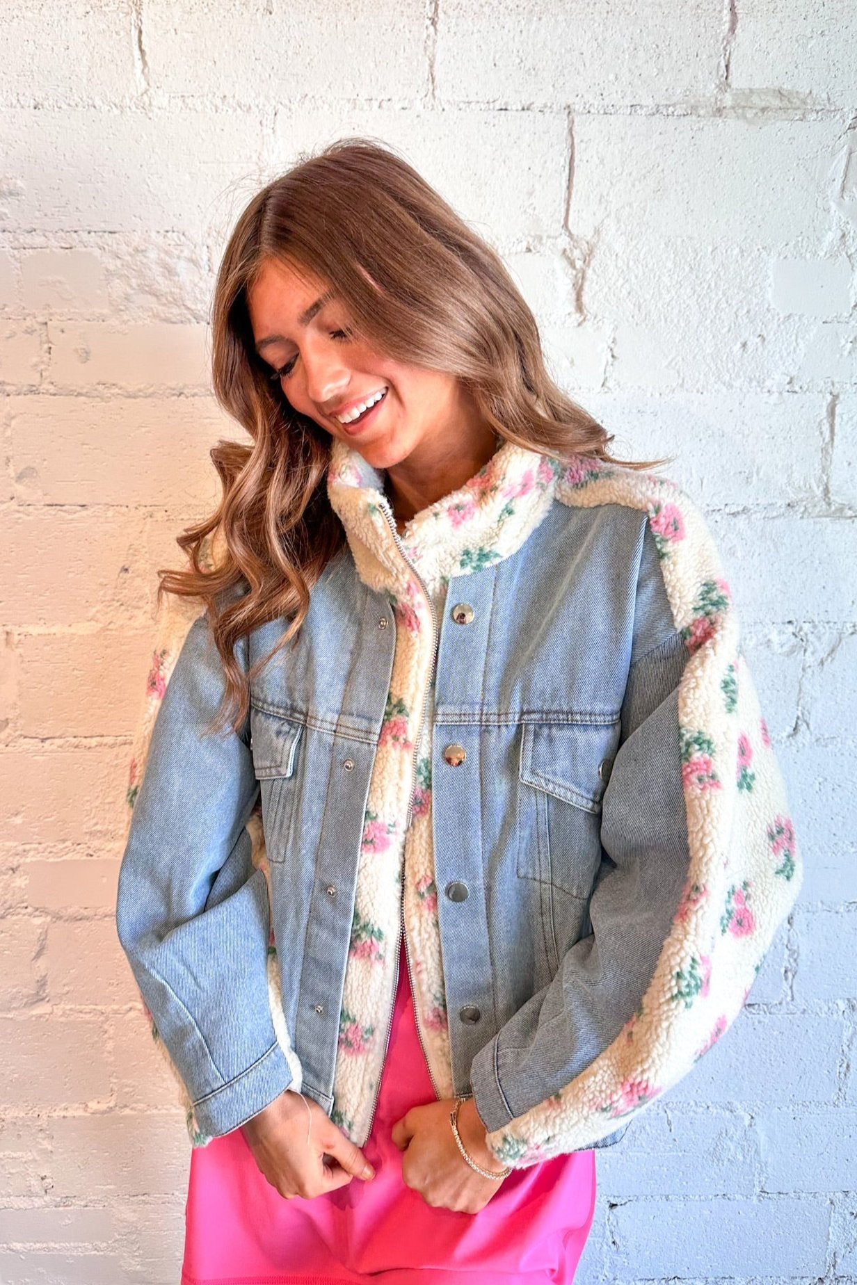 Floral Shearling Denim Jacket Adeline