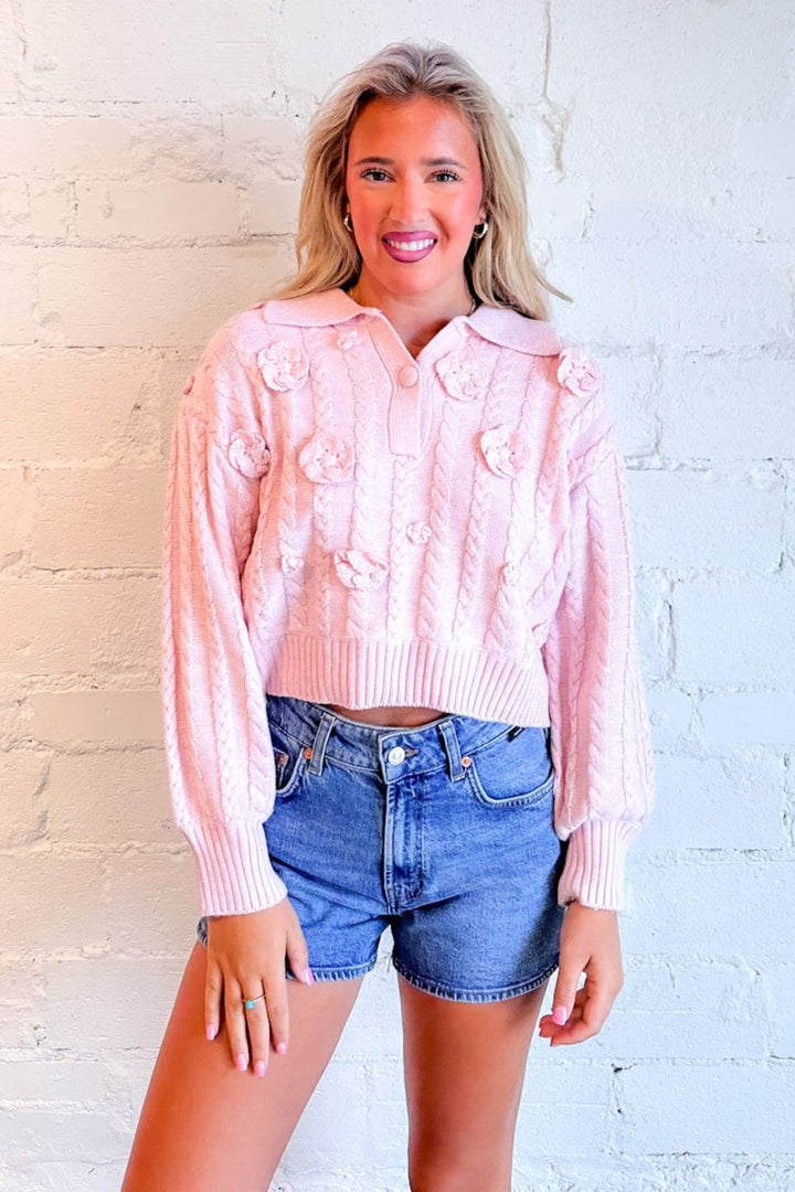 Flower Deco Knit Sweater Pink, Pink Top, Sweater. Womens, boutique, boutique