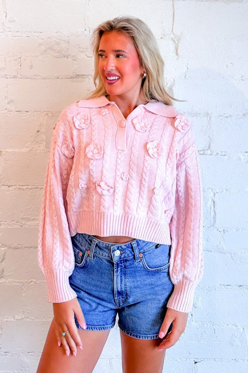 Flower Deco Knit Sweater Pink, Pink Top, Sweater. Womens, boutique, boutique