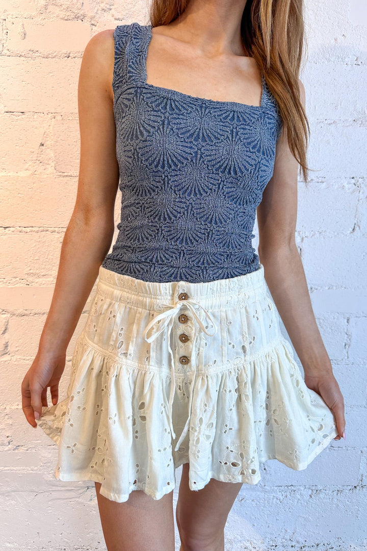 Free People Roselle Eyelet Mini, Skirt, Spring Skirt, Adeline Boutique, Rodeo Outfit, Boutique Clothing, Dallas Boutique