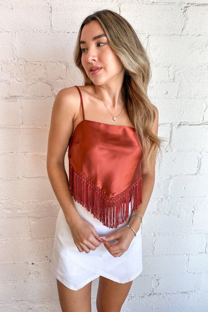 Fringe detail tie back top, dallas boutique, boutique, womens boutique dallas, gameday top, gameday outfit, fringe top, burnt orange top