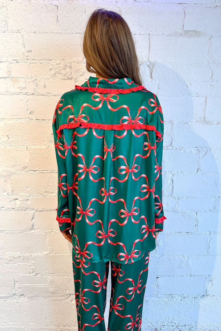 Holiday Bow Print Silky Pajama Top, Holiday Pajamas, Christmas Pajamas, Silk Pajamas, Pajamas, Loungewear, Dallas Boutique, Adeline Boutique