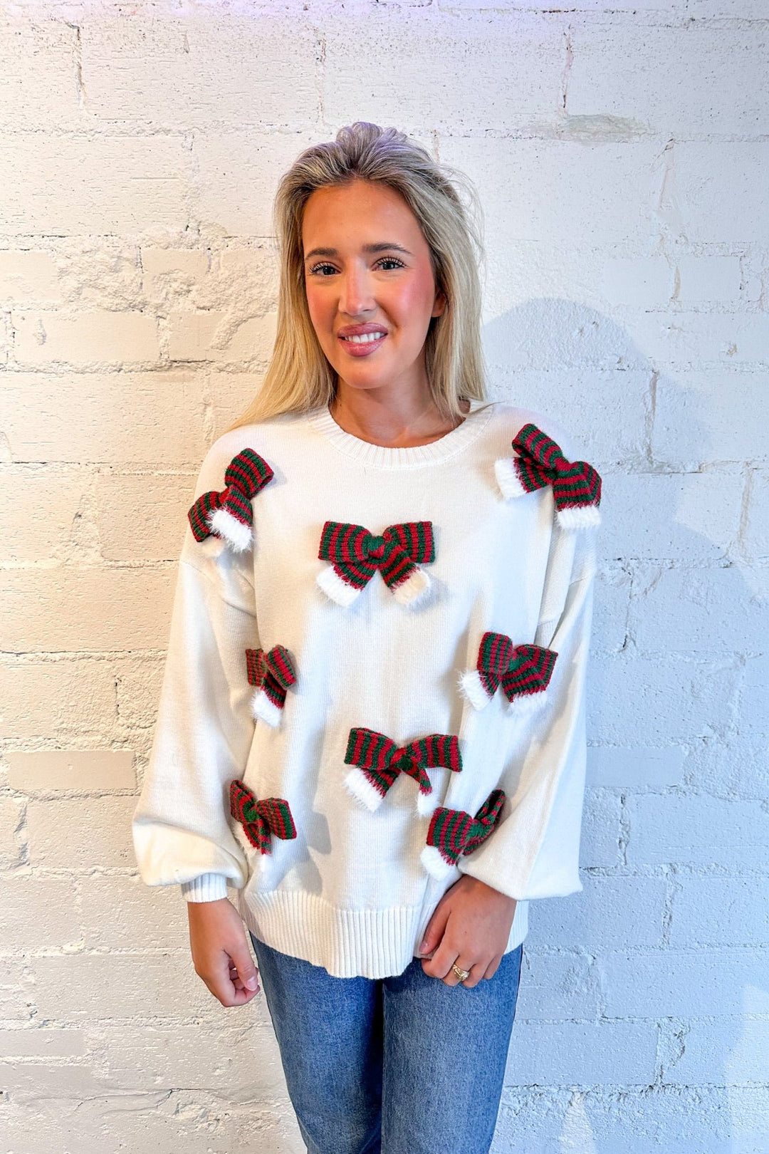 Holiday Bow Sweater, Bow Sweater, Christmas Sweater, Bows, Fall Fashion, Adeline Boutique, Boutique Clothing 