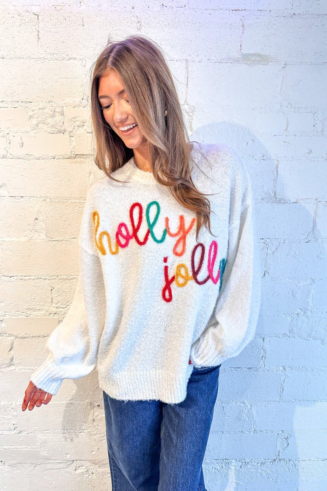 Holly Jolly Cute Cursive Sweater, Christmas Sweater, Sweaters, Graphic Sweaters, Adeline Boutique 