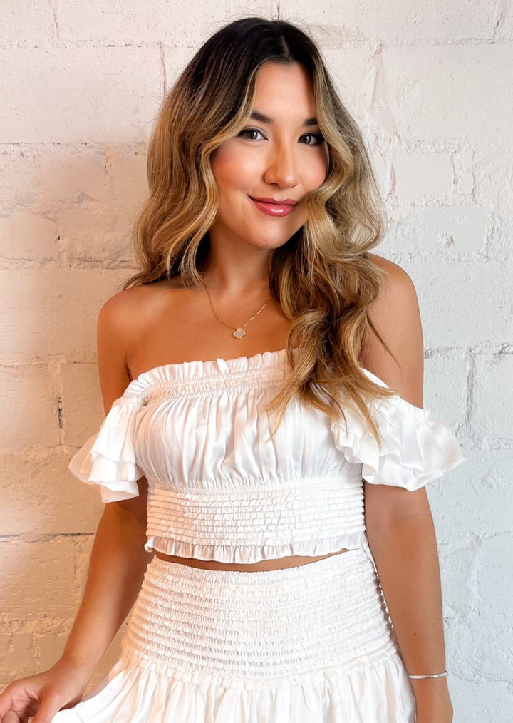 White Ruffle Sleeve Smock Top