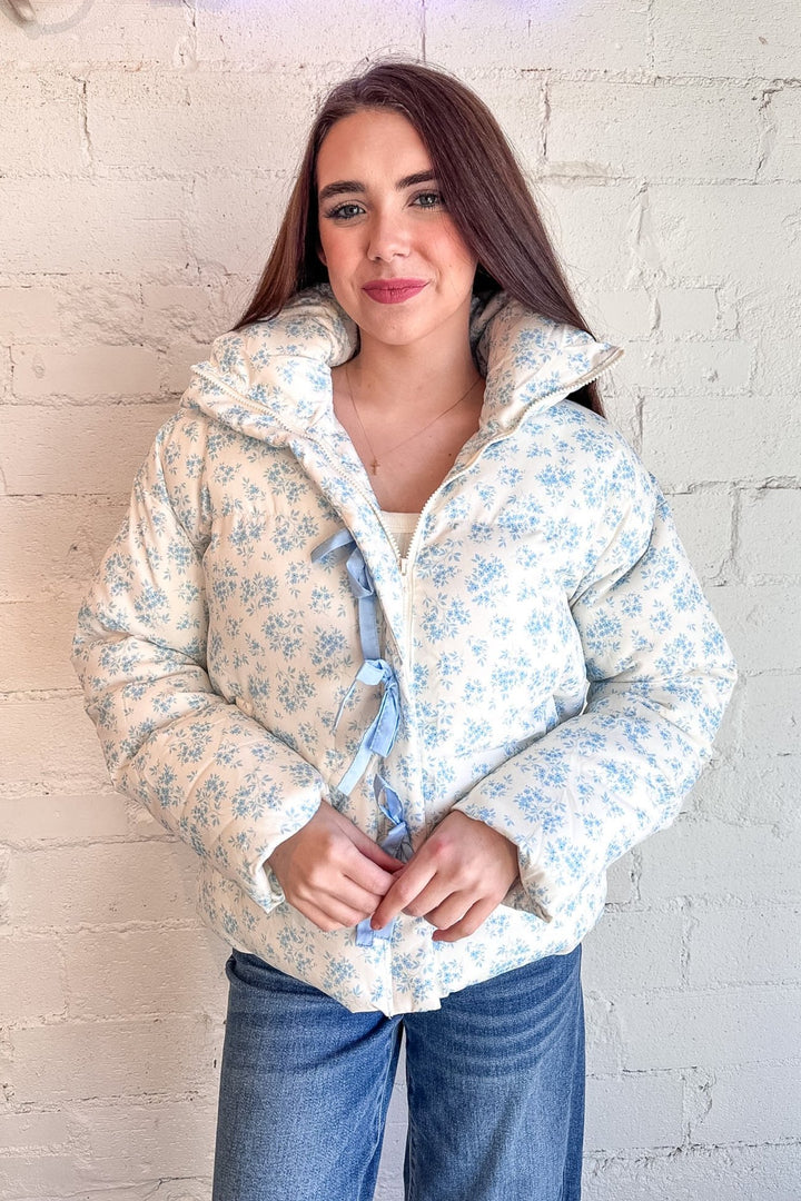 Light Blue Delight Bow Jacket, Bow Jacket, Puffer Jacket, Adeline Boutique, Boutique Jackets