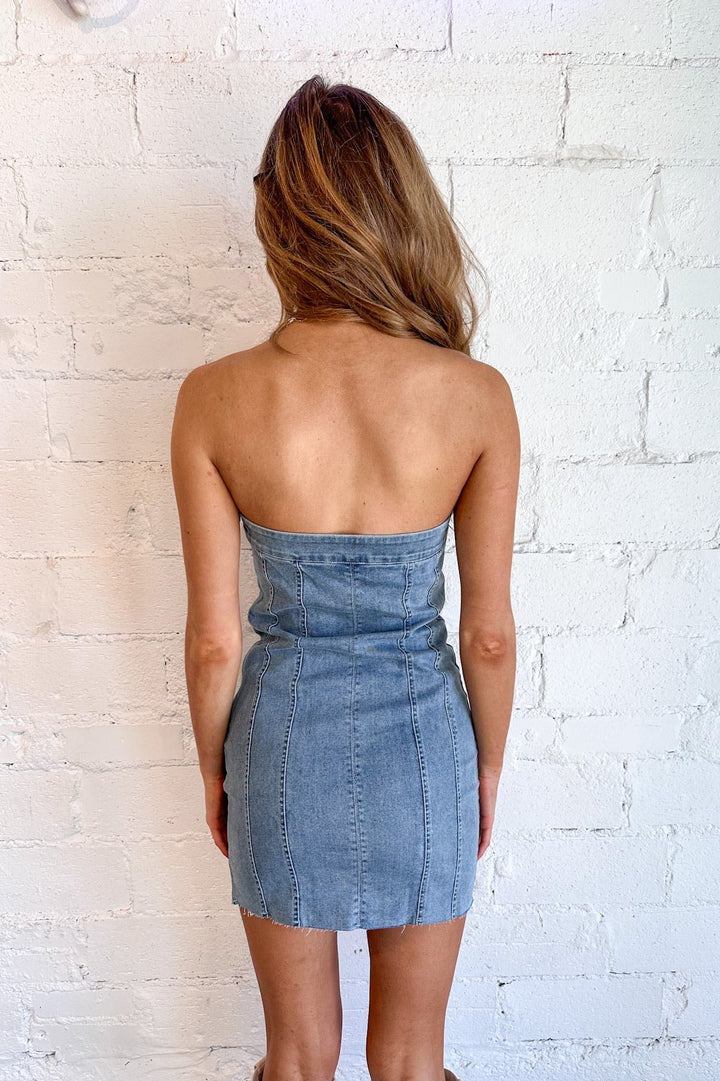 Mara Denim Tube Dress, Denim Dress, Denim Mini Dress, Western Dress, Tube Dress, Fall Fashion, Dallas Boutique, Boutique Clothing 