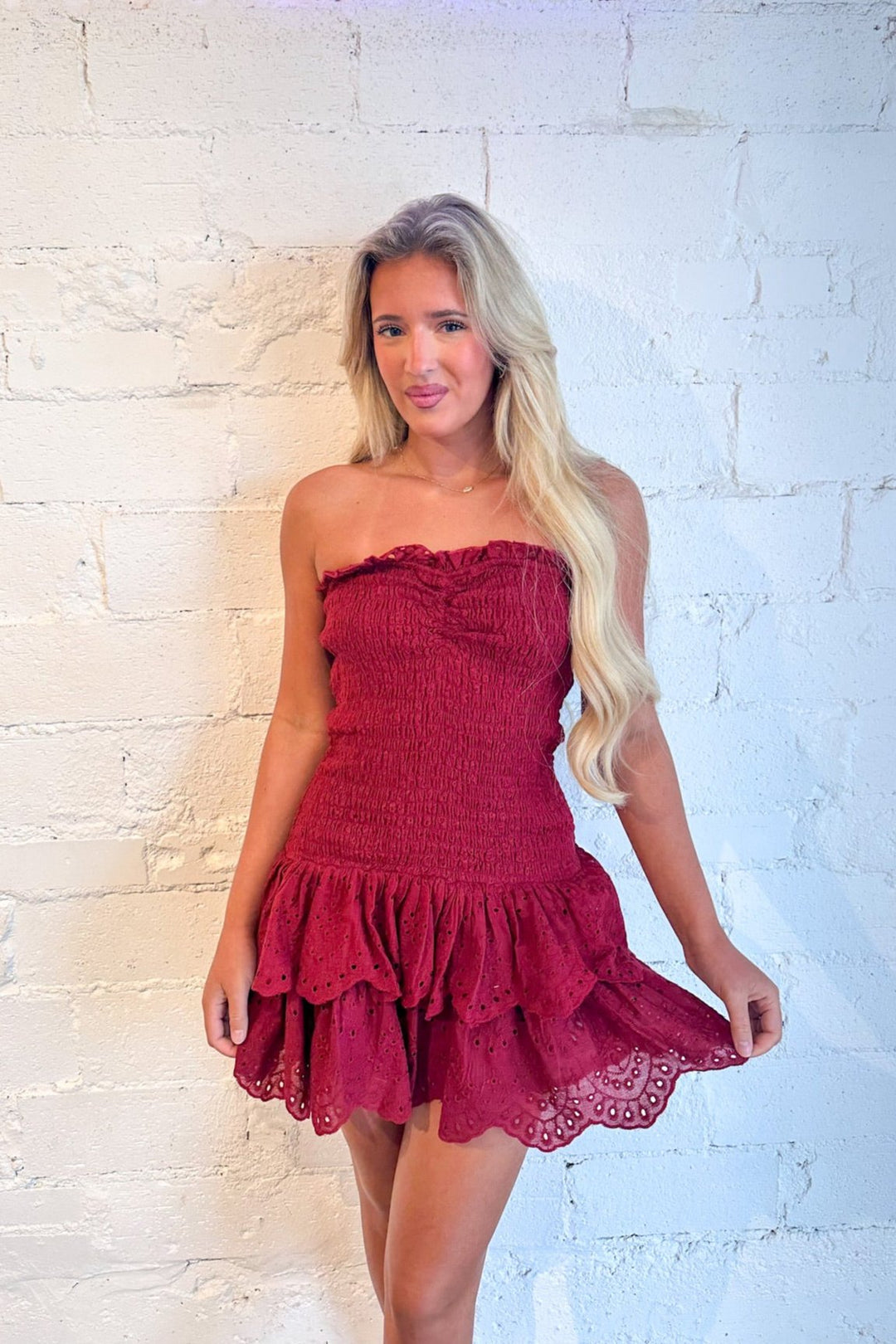 Maroon Dress, Lace Dress, Ruffle Dress, Dallas Boutique 