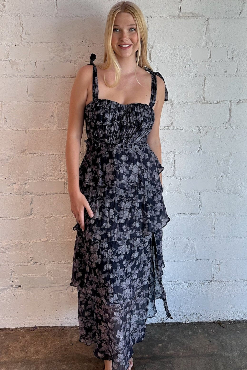 Mellorie Dress, Grey Dress, Floral Grey Dress, Floral Dress, Womens Boutique, boutique, Fall