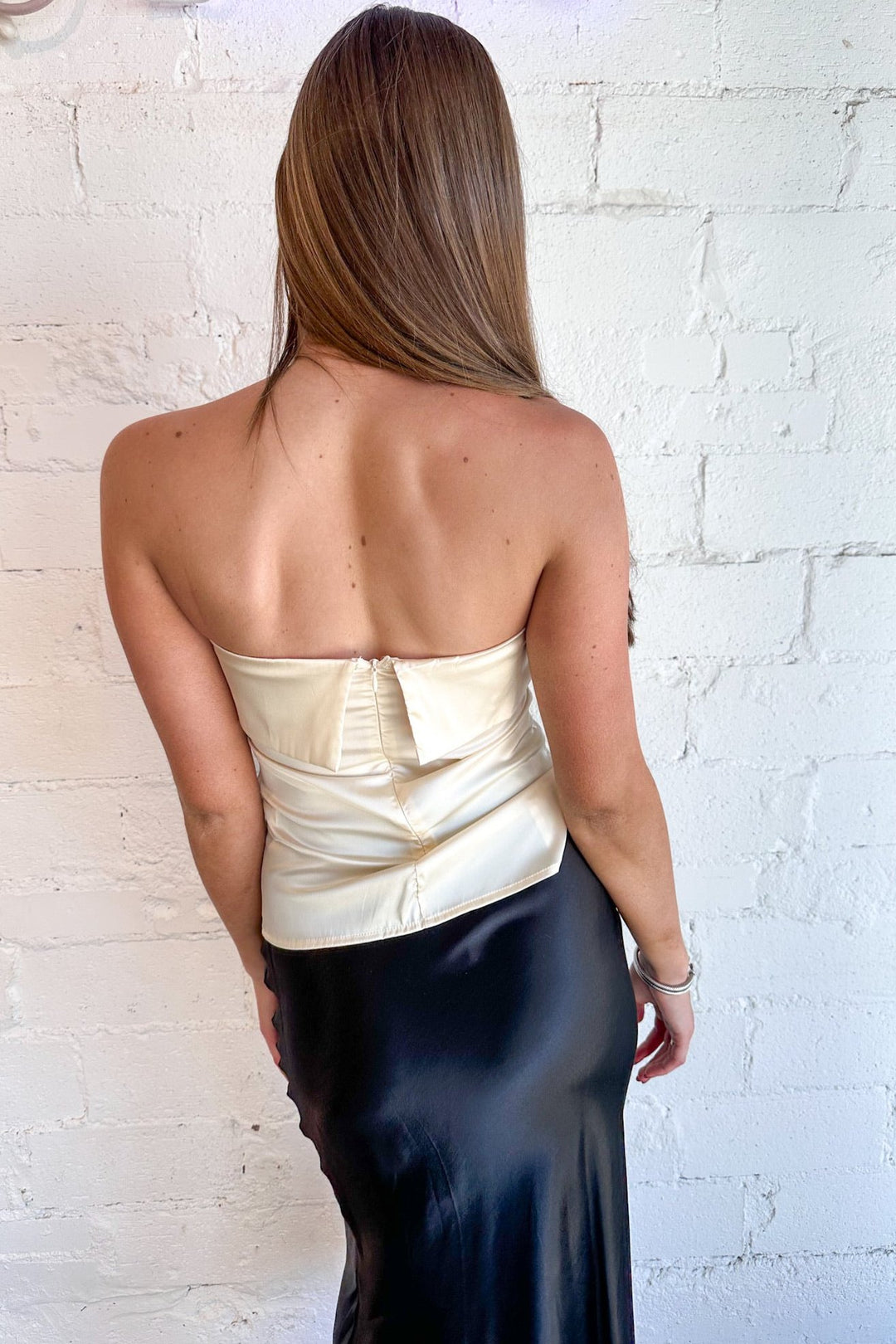 Moonlit Satin Strapless Top Back, Satin Top, Going Out Top, Satin Outfit, Dallas Boutique, Boutique Clothing