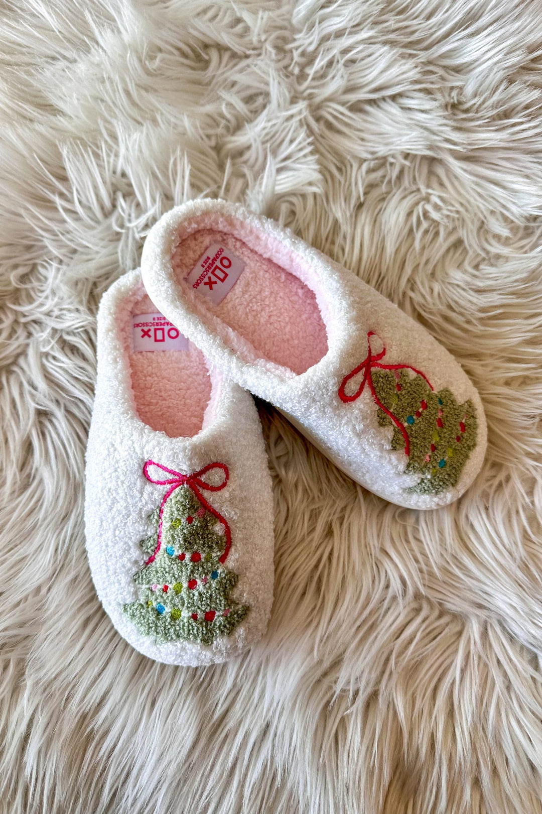 Pink Bow Christmas Tree Slippers, Christmas Slippers, Slippers, Shoes, House Shoes, Adeline Boutique 