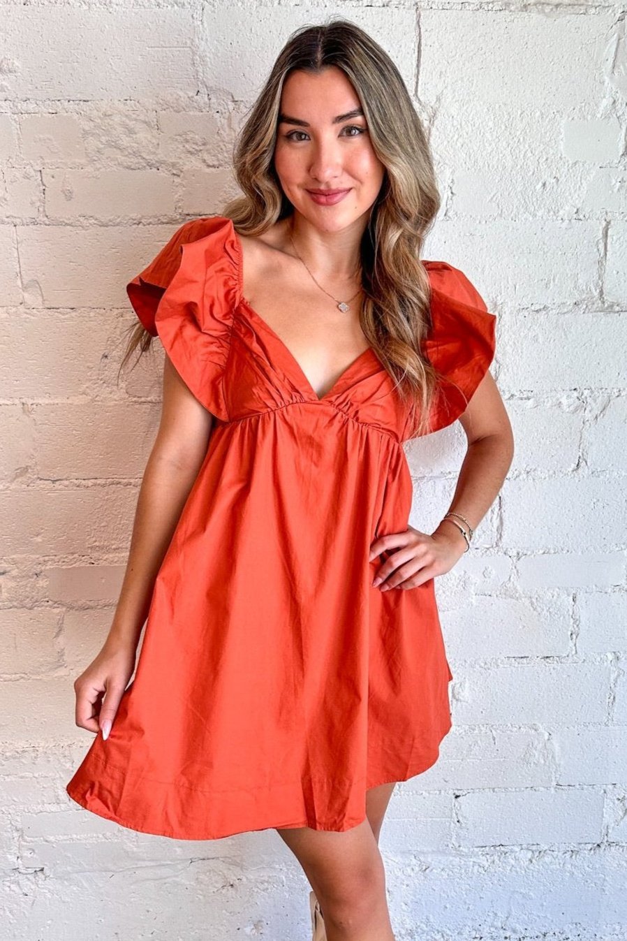 Poplin Ruffle Sleeve Tie Back Dress, Burnt Orange Dress, Ruffle Dress, GameDay Dress, Boutique Dresses, Boutique Shopping, Boutique Clothing