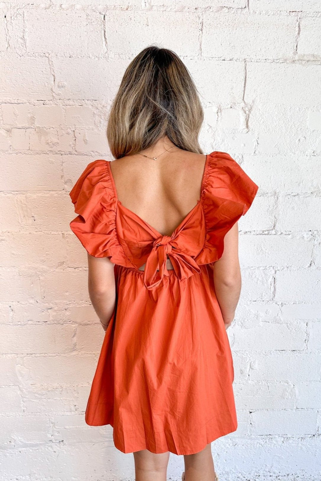 Poplin Ruffle Sleeve Tie Back Dress, Burnt Orange Dress, Ruffle Dress, GameDay Dress, Boutique Dresses, Boutique Shopping, Boutique Clothing