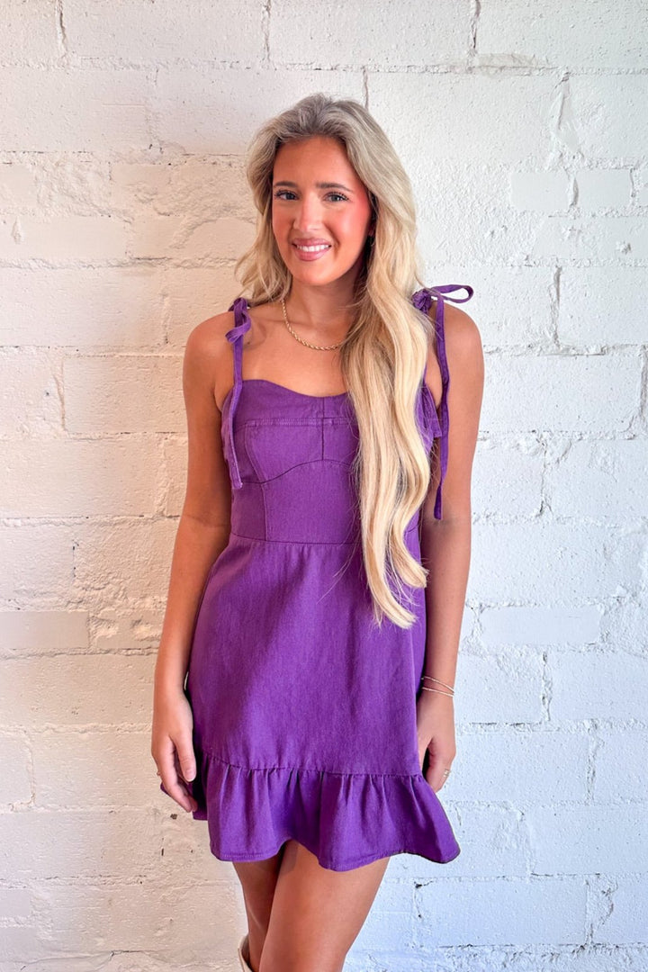 Denim Ruffle Hem Dress Red , gameday, gameday dress, dallas boutique, womens boutique dallas, purple dress, purple denim dress 