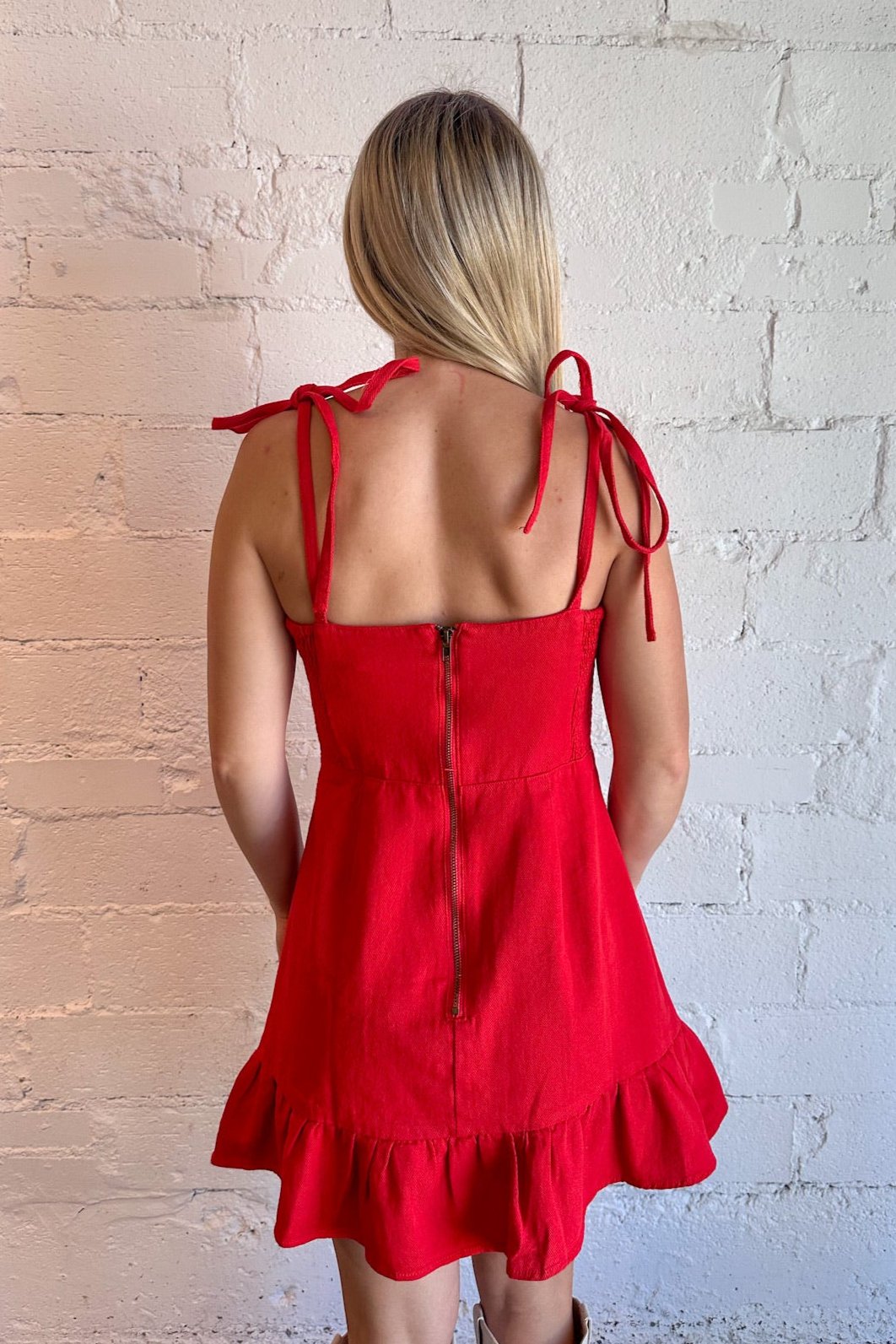 Denim Ruffle Hem Dress Red , gameday, gameday dress, dallas boutique, womens boutique dallas 