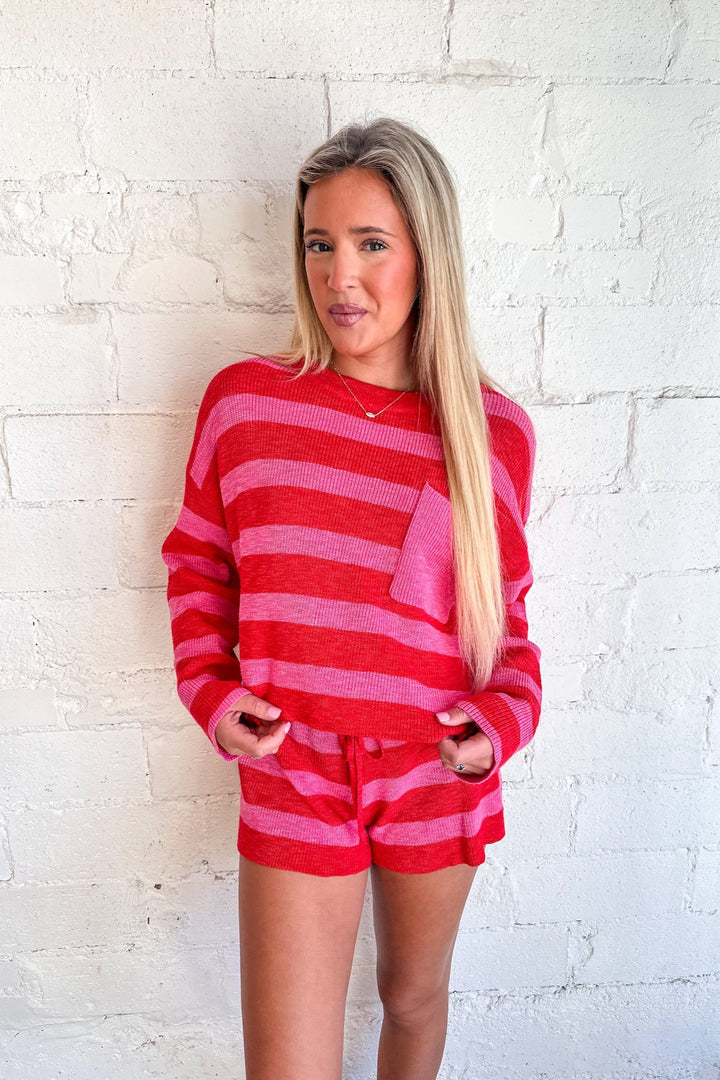 Red and Hot Pink Stripe Shorts, Shorts, Matching Set, Two Piece Set, Loungewear, Adeline Boutique 