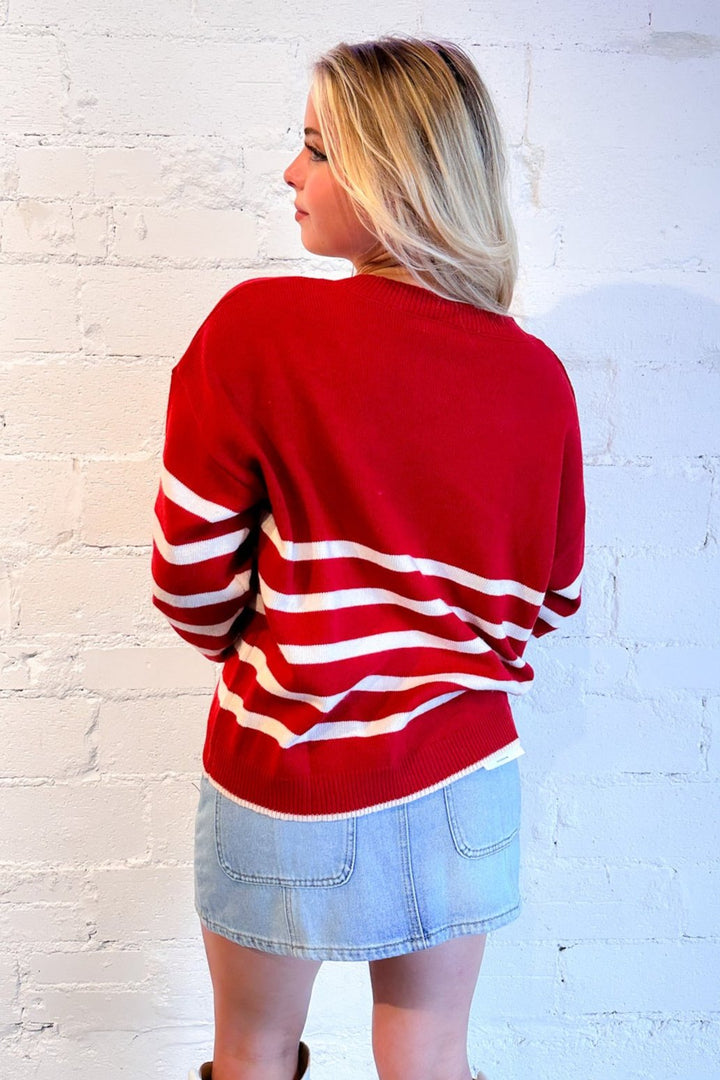 Red and White Stripe Sweater, womens stripe sweater, dallas boutique, womens red stripe sweater, womens v neck red stripe sweater