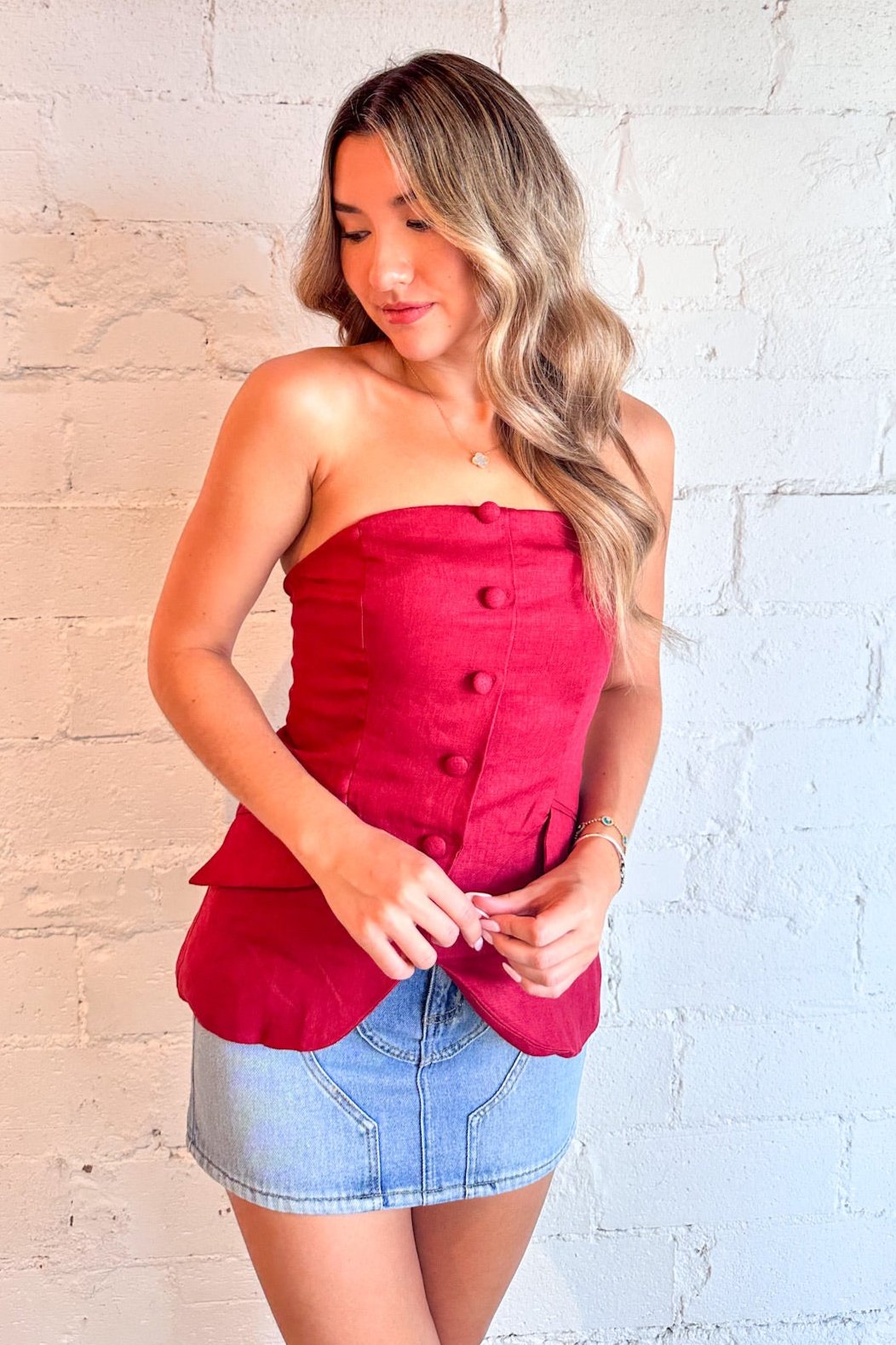 scarlet button top, red button-up top, women's clothing, casual fashion, dressy outfit, outfit ideas