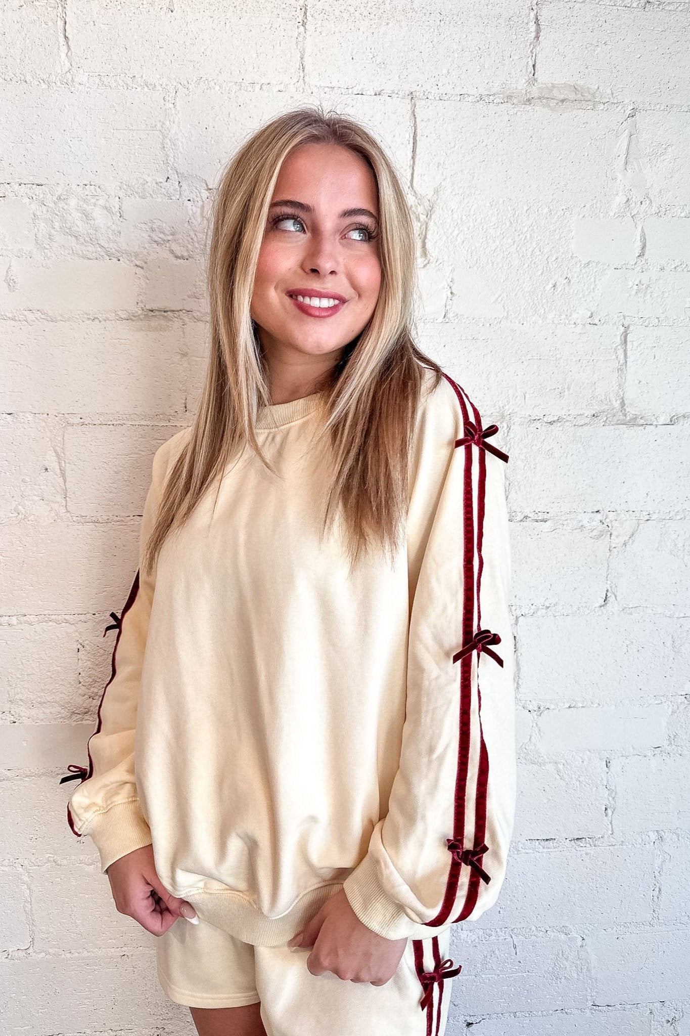 Side Striped Sweatshirt With Bow Detail, Loungewear, Matching Set, Sweatshirt, Adeline Boutique