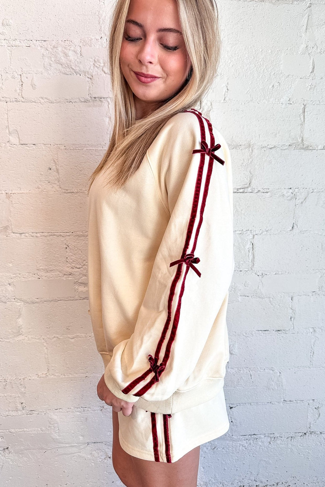 Side Striped Sweatshirt With Bow Detail, Loungewear, Matching Set, Sweatshirt, Adeline Boutique