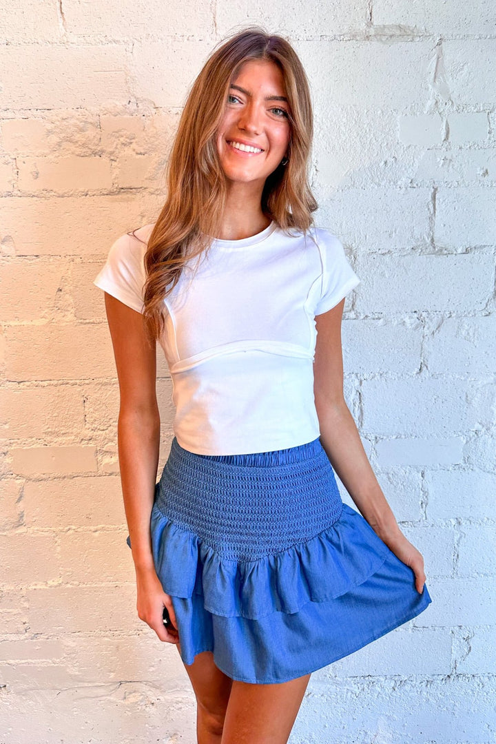 smocked denim skirt, bohemian skirt, casual skirt, women's clothing, outfit ideas