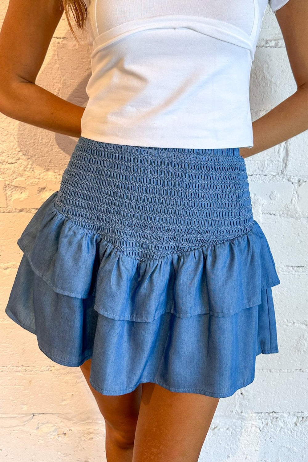 smocked denim skirt, bohemian skirt, casual skirt, women's clothing, outfit ideas