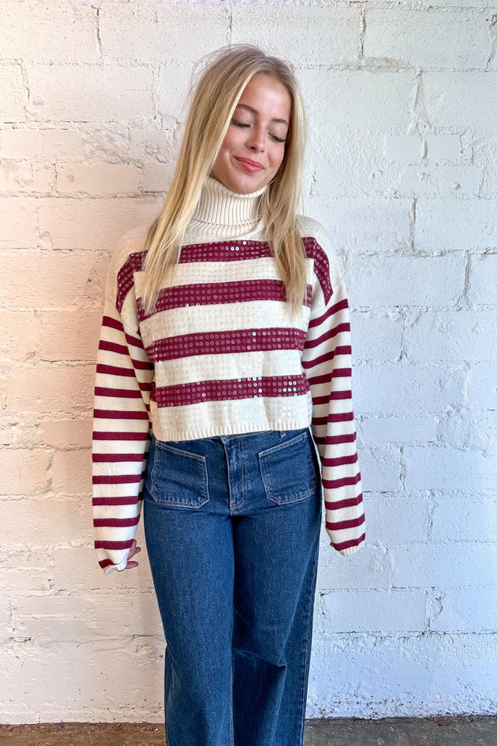 Stripe Sequin Turtleneck, Turtleneck Top, Sweater, Cropped Sweater, Stripped Sweater, Stripped Turtleneck, Fall Outfit, Fall Sweater, Dallas Boutique 