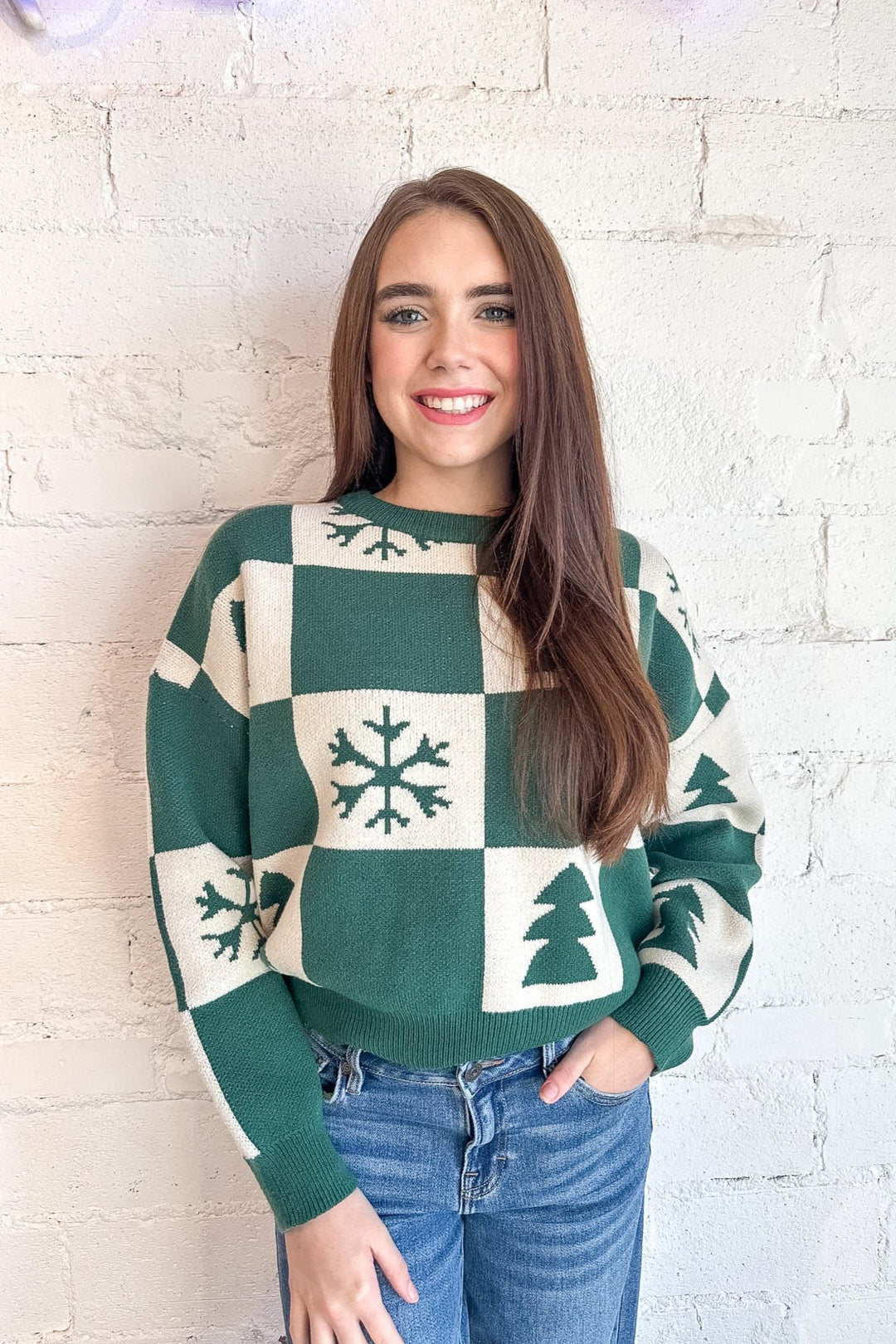 Winter Feels Checkered Sweater, Holiday Sweater, Sweaters, Adeline Boutique, Christmas Sweaters