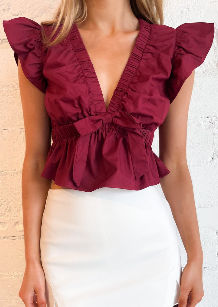 top, tops, maroon top, maroon babydoll top, gameday top, ruffle top, adeline, adeline boutique