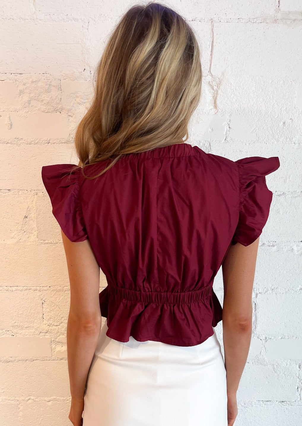 top, tops, maroon top, maroon babydoll top, gameday top, ruffle top, adeline, adeline boutique