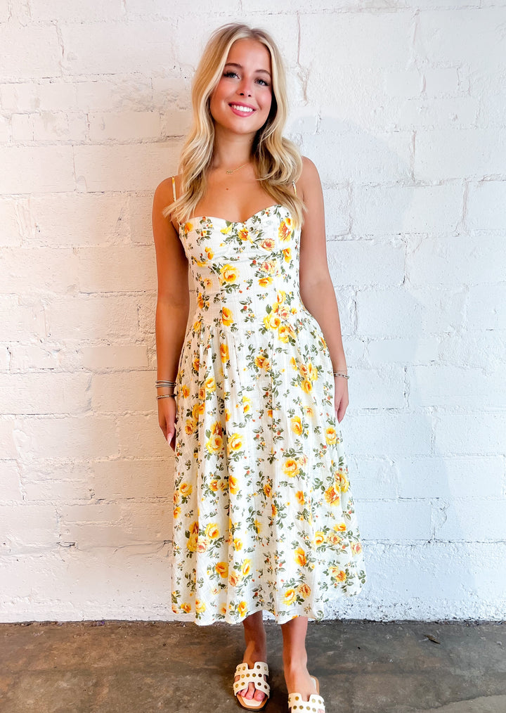 dress, dresses, midi dress, midi dresses, yellow floral dress, yellow floral midi dress, lemon tart midi dress, adeline, adeline boutique