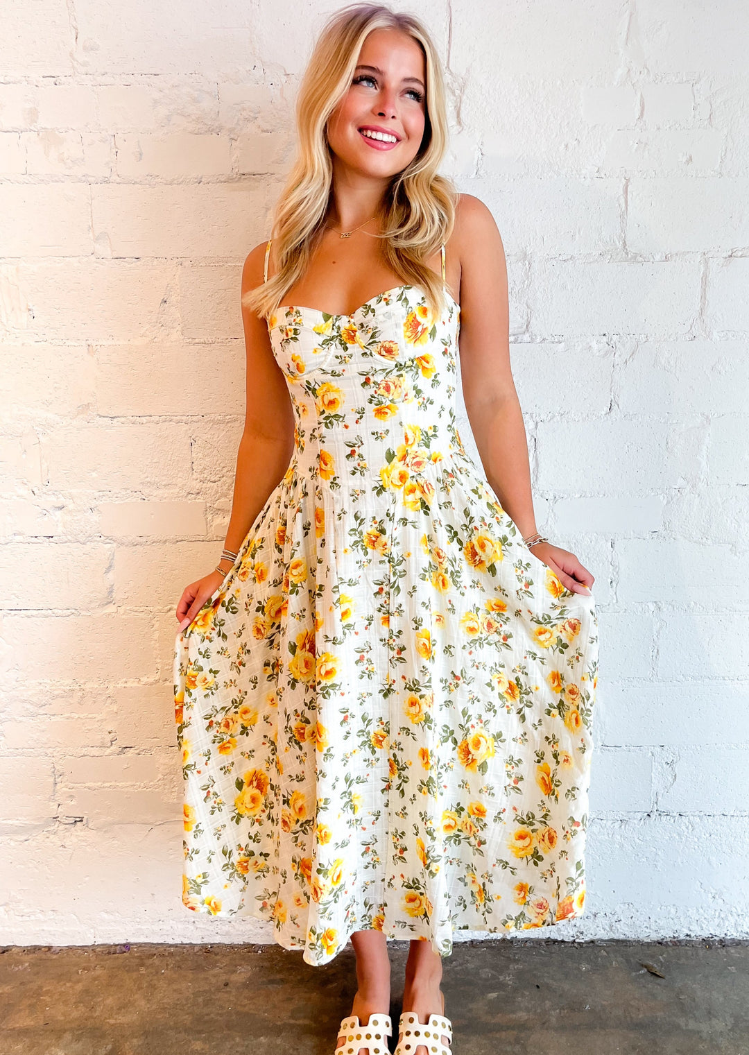 dress, dresses, midi dress, midi dresses, yellow floral dress, yellow floral midi dress, lemon tart midi dress, adeline, adeline boutique