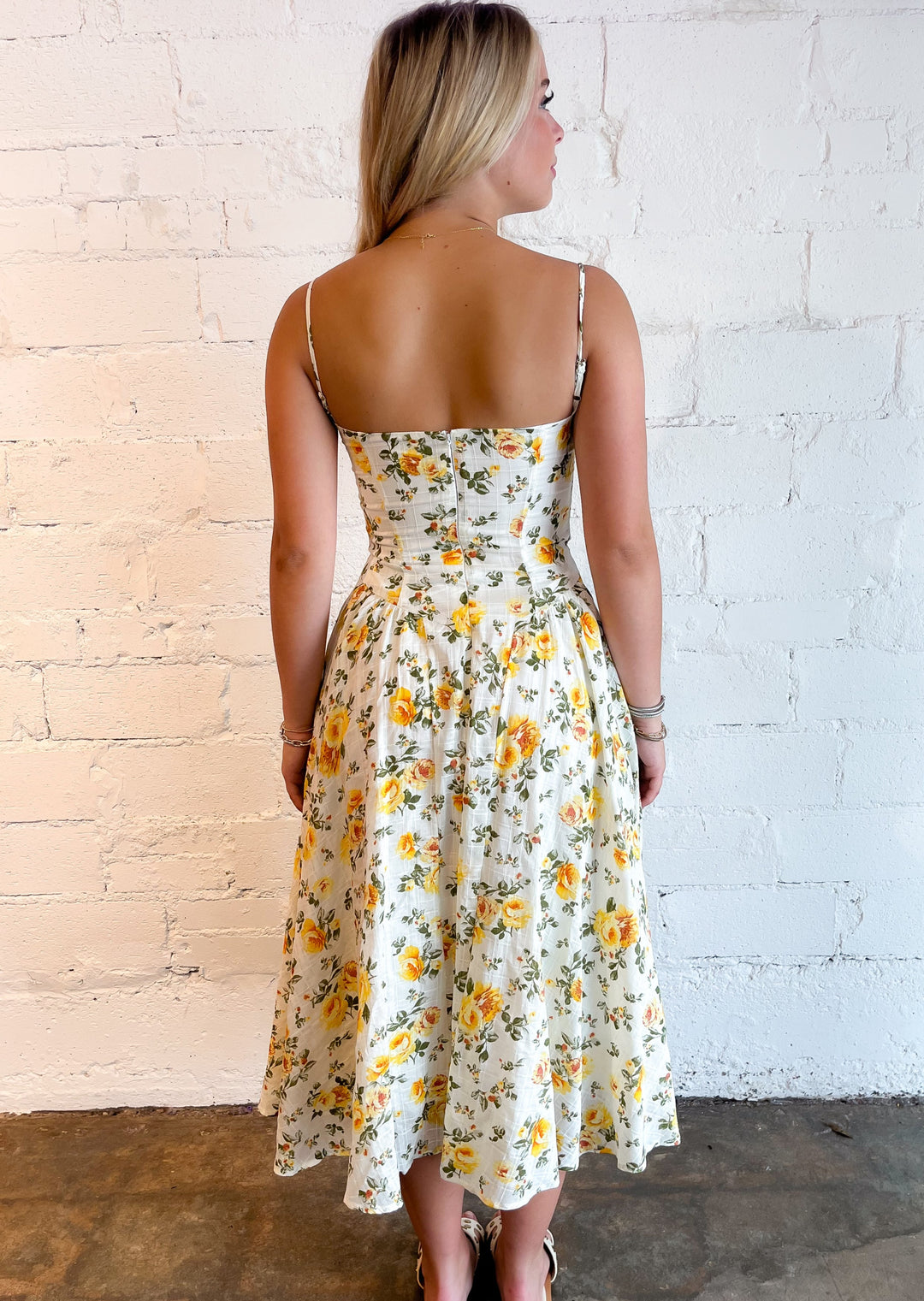 dress, dresses, midi dress, midi dresses, yellow floral dress, yellow floral midi dress, lemon tart midi dress, adeline, adeline boutique