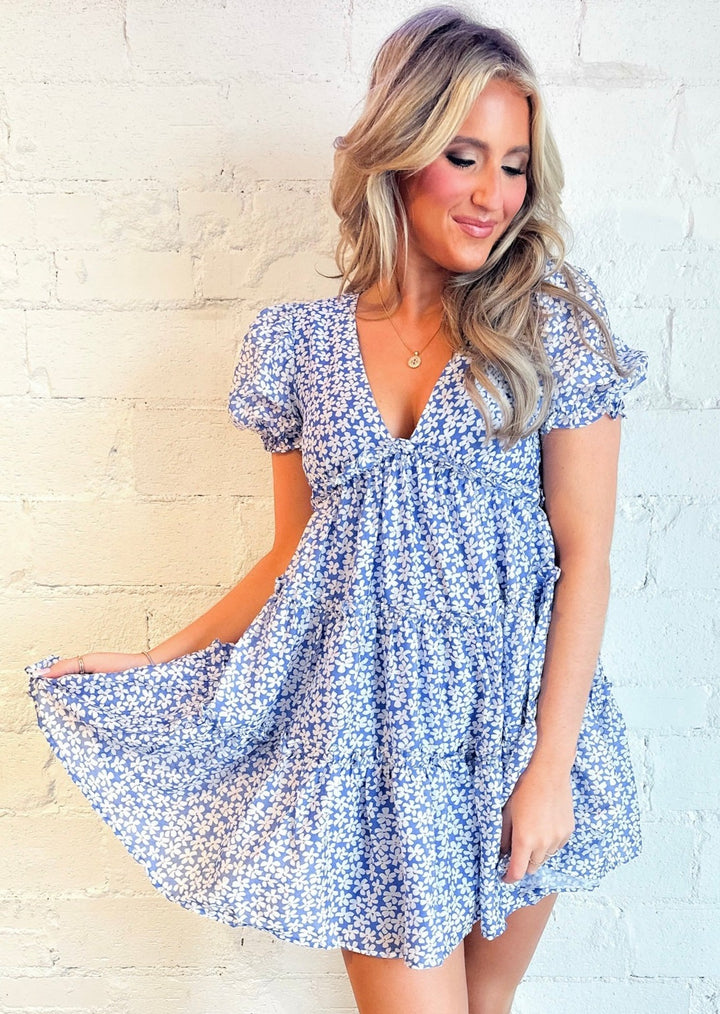 blue dress, blue mini dress, blue floral dress, floral dress, dress, dresses, adeline, adeline boutique